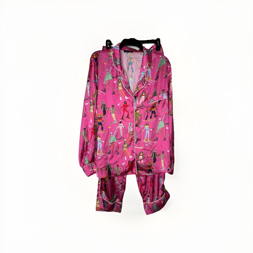 Karen‎ Mabon Cropped Printed Satin Pajama Set Apres Ski Pink Size Med